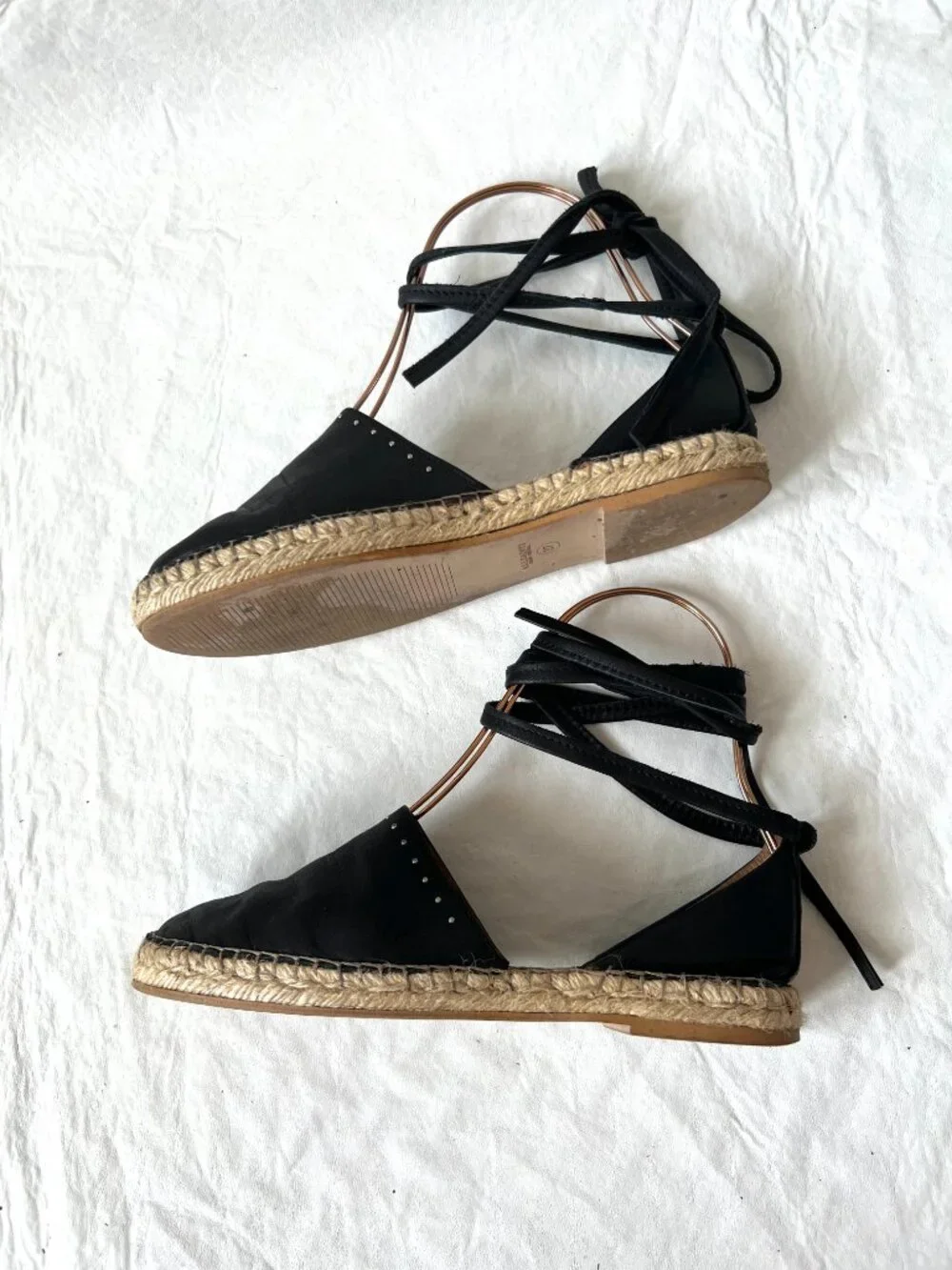 All Saints espadrilles 37 7 womens black leather flats ankle tie lace up studded
